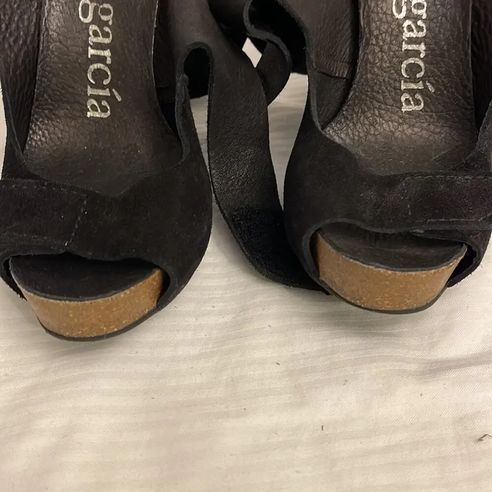 Pedro Garcia Black Suede mid-Heel Sandals Size 37.5 USA 7.5